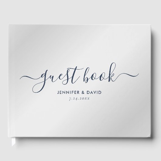 Modern Silver en Navy Blue Wedding Guest Book Gastenboek (Voorkant)
