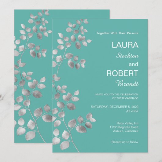 Modern Silver Floral Wedding Invitation Kaart (Voorkant / Achterkant)