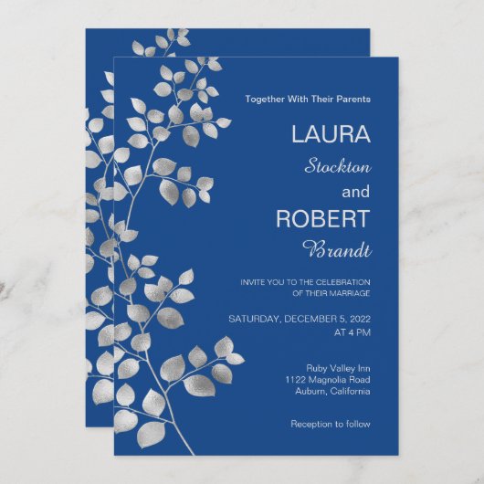 Modern Silver Floral Wedding Invitation Kaart (Voorkant / Achterkant)