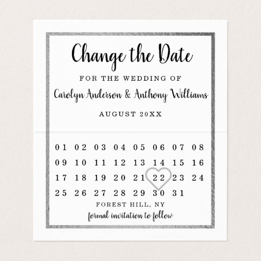 Modern Silver Foil Agenda wijzigen Datum kaart Visitekaartje (Binnenkant ongevouwen)