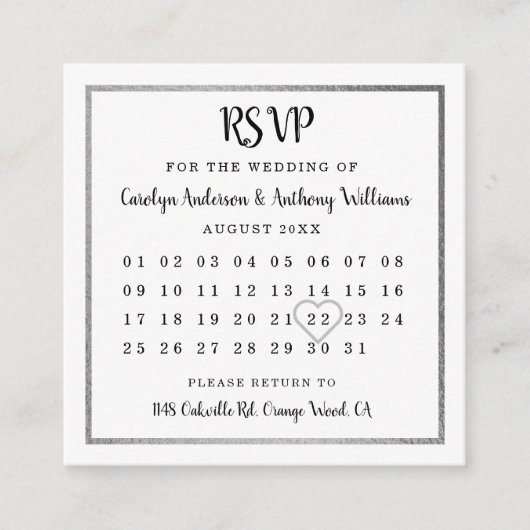 Modern Silver Foil Calendar RSVP Informatiekaartje (Voorkant)