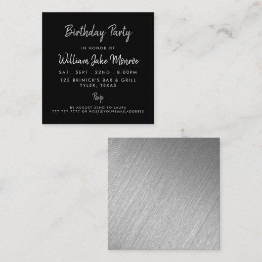 Modern Silver Foil & Script Birthday Party Ticket (Voorkant / Achterkant)