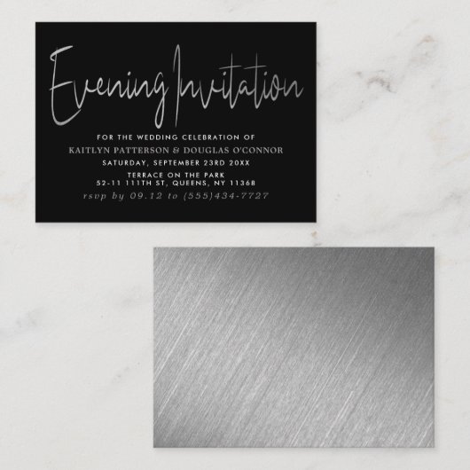 Modern Silver Foil Script Evening Ticket Informatiekaartje (Voorkant / Achterkant)