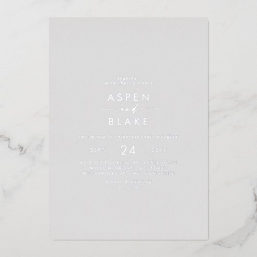 Modern Silver Foil script | Grijze Casual bruiloft Folie Uitnodiging (Voorkant)