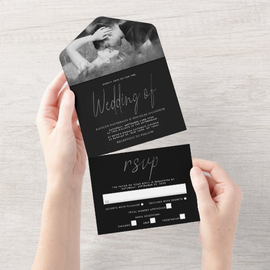 Modern Silver Foil Script Weddenschap All In One Uitnodiging (Afscheurbaar)