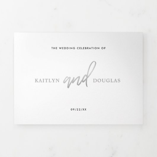 Modern Silver Foil Script Wedding Suite Drieluik Uitnodiging (Cover)