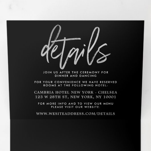 Modern Silver Foil Script Wedding Suite Drieluik Uitnodiging (Binnenzijde eerst)