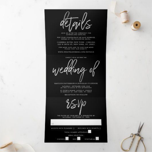 Modern Silver Foil Script Wedding Suite Drieluik Uitnodiging (Binnen)