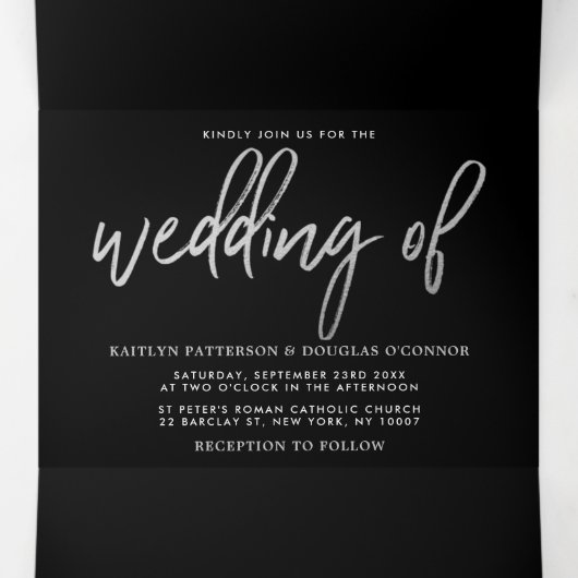 Modern Silver Foil Script Wedding Suite Drieluik Uitnodiging (Binnenkant midden)