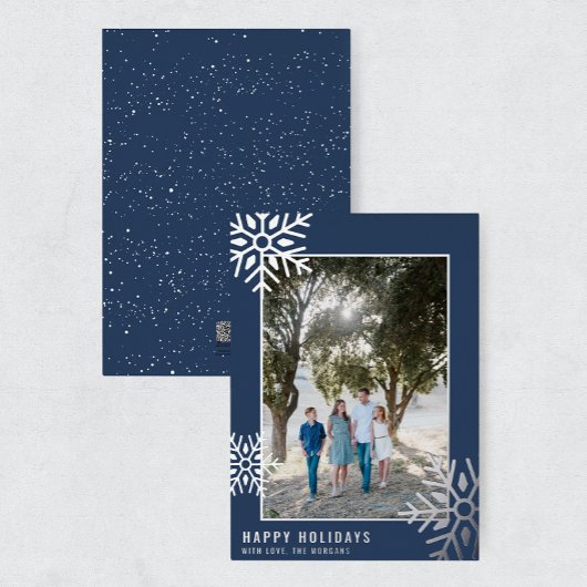 Modern Silver Foil Snowflake Photo Holiday Card Folie Feestdagenkaart