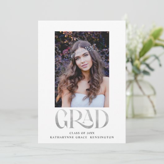 Modern Silver Foil Typografie Foto Afstuderen Aankondiging (Staand voorkant)