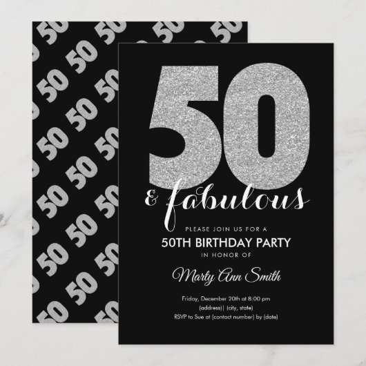 Modern Silver Glitter 50 & Fabulous Birthday Party Kaart (Voorkant / Achterkant)