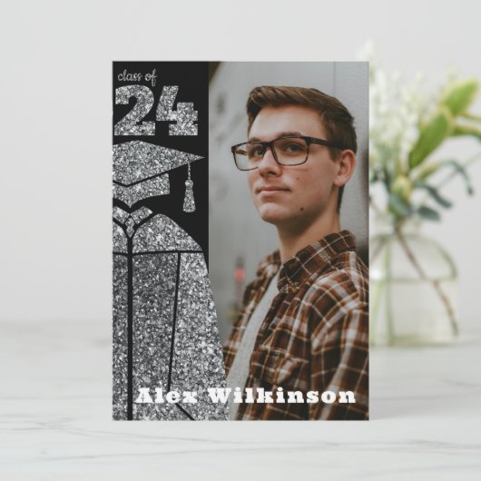 Modern Silver Glitter AFSTUDEERDER Pet Gewonnen Af Aankondiging (Staand voorkant)