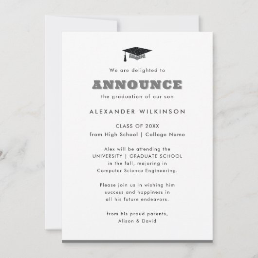 Modern Silver Glitter AFSTUDEERDER Pet Gewonnen Af Aankondiging (Achterkant)