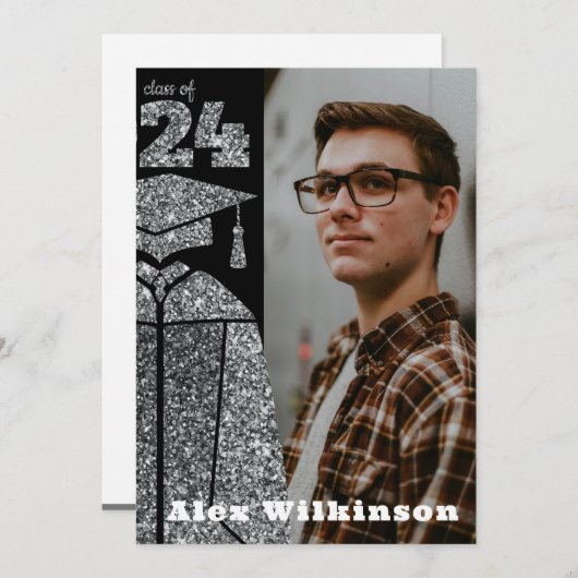 Modern Silver Glitter AFSTUDEERDER Pet Gewonnen Af Aankondiging (Voorkant / Achterkant)