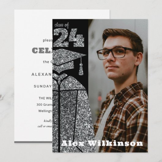 Modern Silver Glitter AFSTUDEERDER Pet Gewonnen Af Kaart (Voorkant / Achterkant)