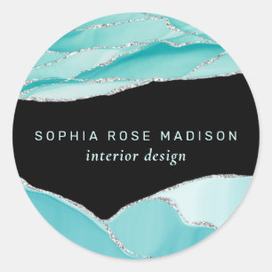 Modern Silver Glitter Agate Blauwgroen Waterverf B Ronde Sticker