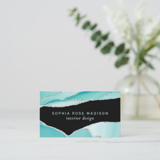 Modern Silver Glitter Agate Blauwgroen Waterverf B Visitekaartje (Staand voorkant)