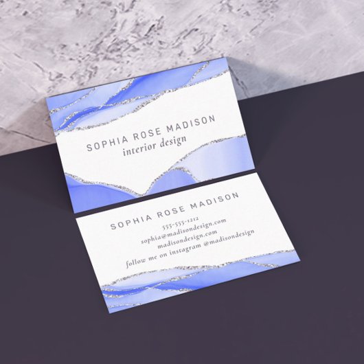 Modern Silver Glitter Agate Blue Waterverf Visitekaartje