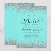 Modern Silver Glitter Blauwgroen Girly Sweet 16 Bi Kaart (Voorkant / Achterkant)