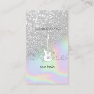 Modern Silver Glitter Bokeh, Guitar, Holographic Visitekaartje