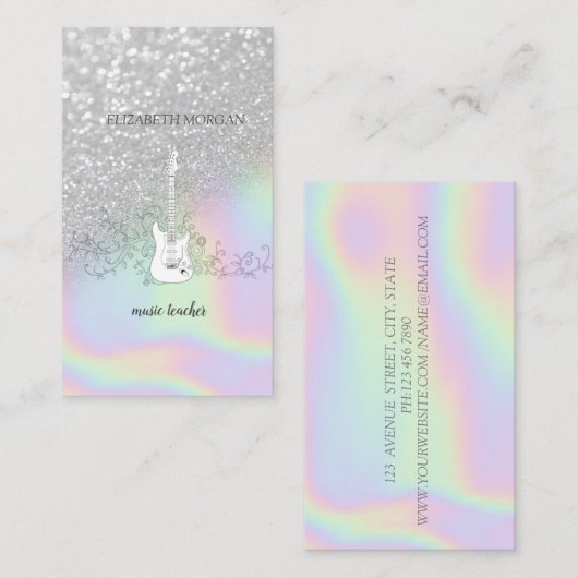 Modern Silver Glitter Bokeh, Guitar, Holographic Visitekaartje (Voorkant / Achterkant)