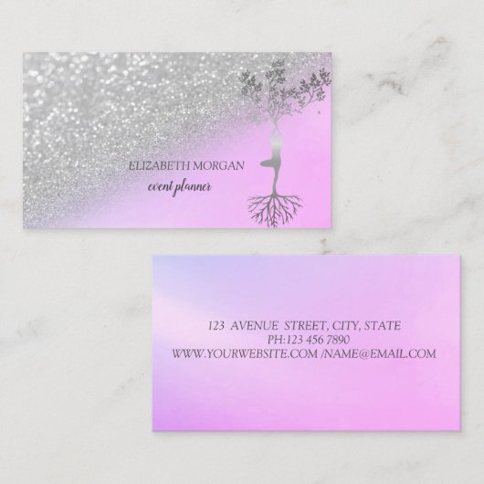 Modern Silver Glitter Bokeh Tree Women Silhouette Visitekaartje (Voorkant / Achterkant)