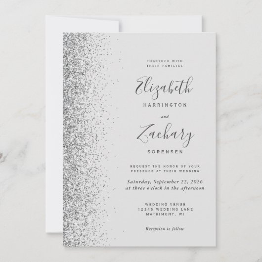 Modern Silver Glitter Bord Grijs QR Code Huwelijk Kaart (Voorkant)