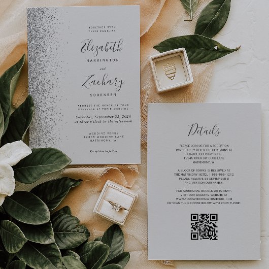 Modern Silver Glitter Bord Grijs QR Code Huwelijk Kaart