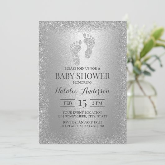 Modern Silver Glitter Boy Girl Feet Baby shower Kaart (Staand voorkant)