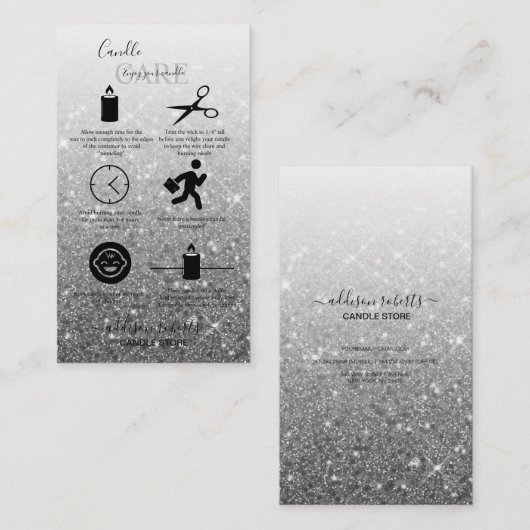 Modern Silver Glitter Candle Care Visitekaartje (Voorkant / Achterkant)