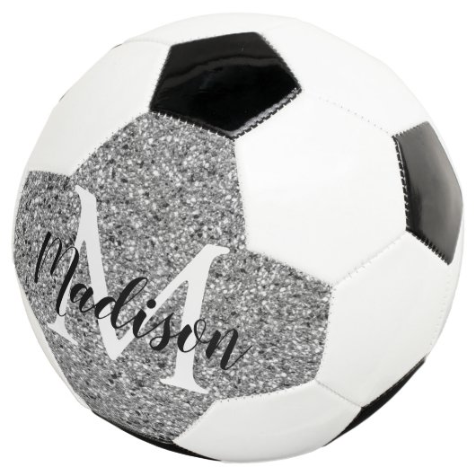 Modern Silver Glitter Chic Monogram Naam Voetbal (Drie kwart)