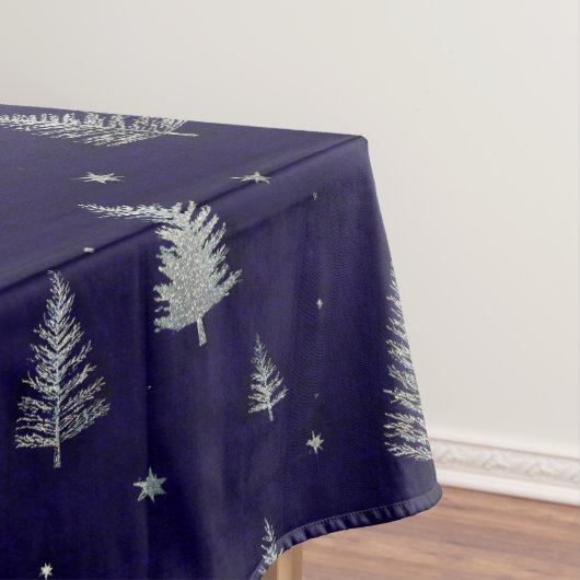 Modern Silver Glitter Christmas trees on blue Tafelkleed (Voorbeeld)
