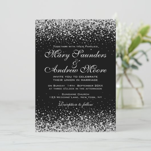 Modern Silver Glitter Confetti Invitation Kaart (Staand voorkant)
