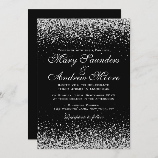 Modern Silver Glitter Confetti Invitation Kaart (Voorkant / Achterkant)