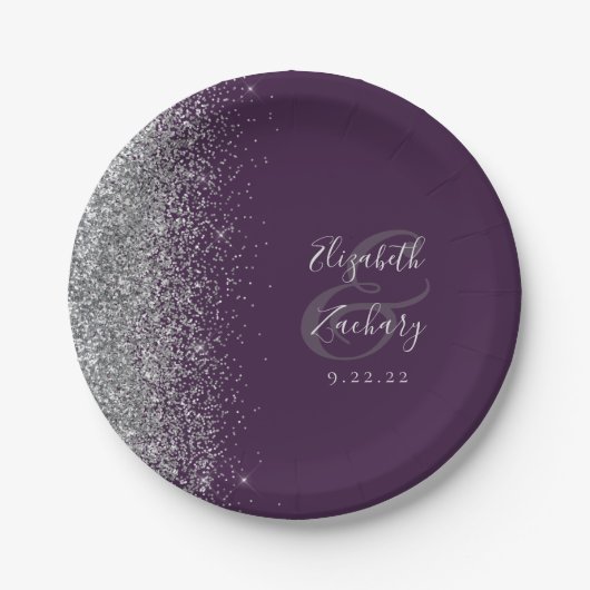 Modern Silver Glitter Dark Paars Wedding Papieren Bordje (Voorkant)