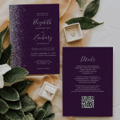 Modern Silver Glitter Dark Paarse QR Code Huwelijk Kaart