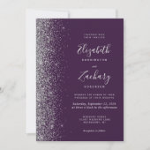 Modern Silver Glitter Dark Paarse QR Code Huwelijk Kaart (Voorkant)