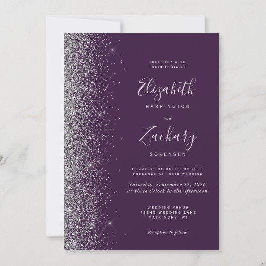 Modern Silver Glitter Dark Paarse QR Code Huwelijk Kaart (Voorkant)