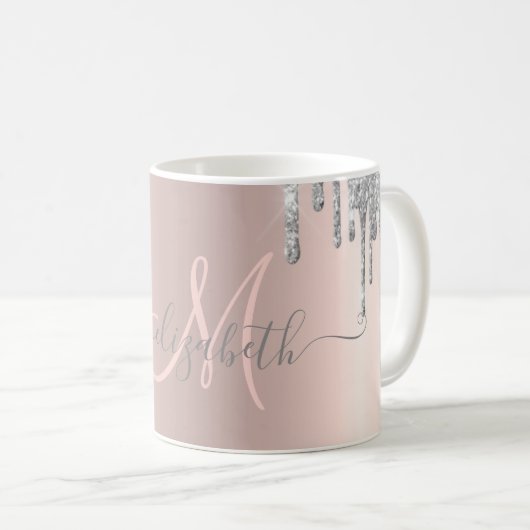 Modern Silver Glitter Drift Roos Gold Monogram Koffiemok (Voorkant rechts)