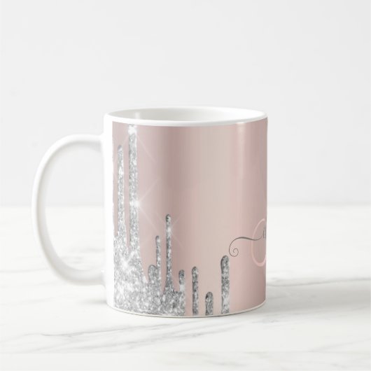 Modern Silver Glitter Drift Roos Gold Monogram Koffiemok (Links)