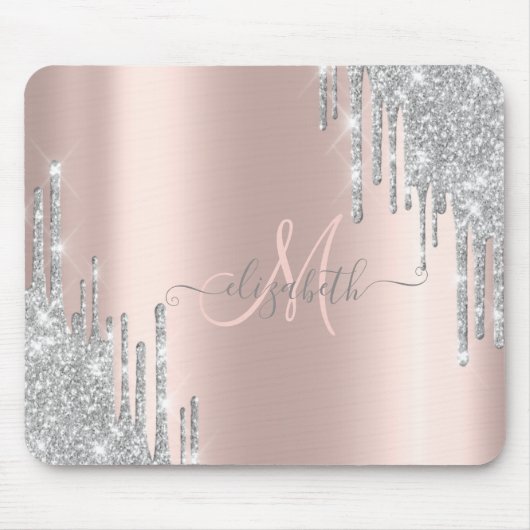Modern Silver Glitter Drift Roos Gold Monogram Muismat (Voorkant)