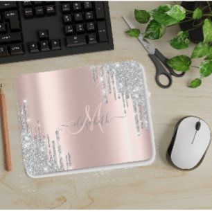 Modern Silver Glitter Drift Roos Gold Monogram Muismat