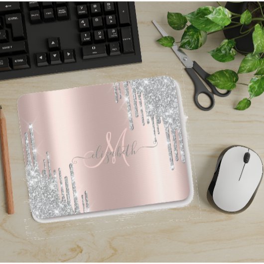 Modern Silver Glitter Drift Roos Gold Monogram Muismat