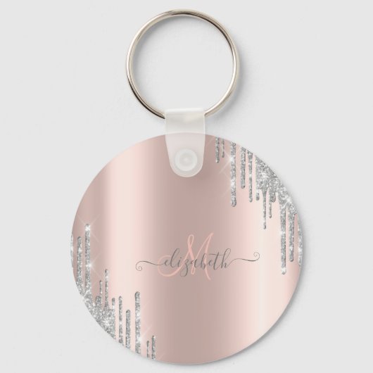 Modern Silver Glitter Drift Roos Gold Monogram Sleutelhanger (Voorkant)