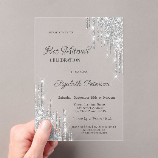Modern Silver Glitter Drips Rose Gold Bar Mitzvah Acryl Uitnodigingen (Insitu (Draagbaar))