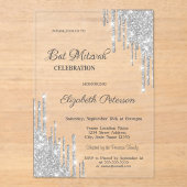 Modern Silver Glitter Drips Rose Gold Bar Mitzvah Acryl Uitnodigingen (Voorkant)