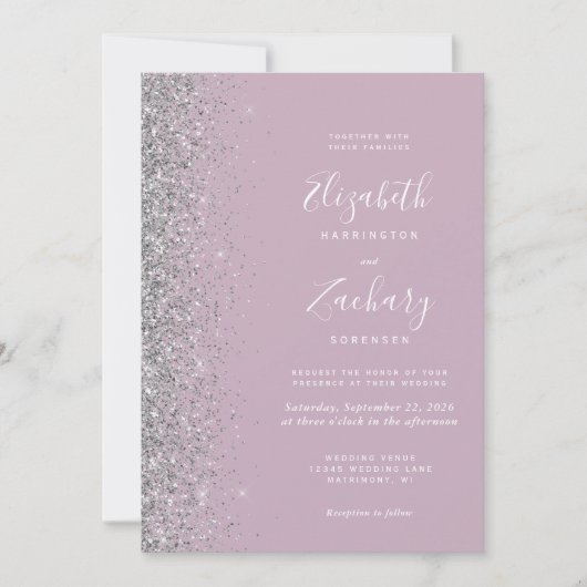 Modern Silver Glitter Dusty Lila QR Code Wedding Kaart (Voorkant)