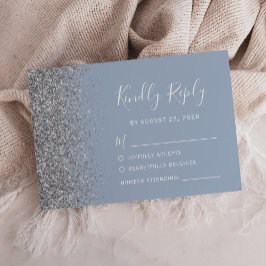 Modern Silver Glitter Edge Dusty Blue RSVP Kaartje