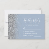 Modern Silver Glitter Edge Dusty Blue RSVP Kaartje (Voorkant)